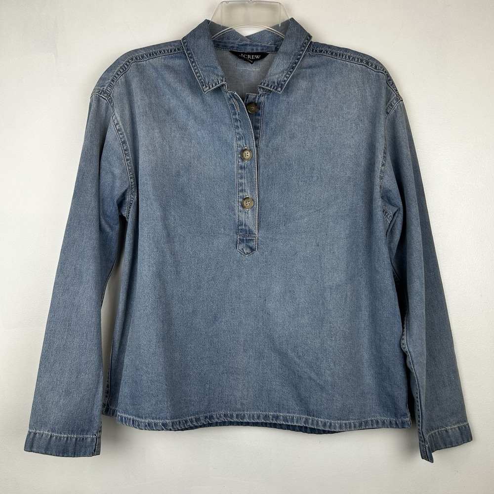 J Crew Denim Shirt Women XXS Cropped Chambray Blue Preppy Boxy Oarsman Country
